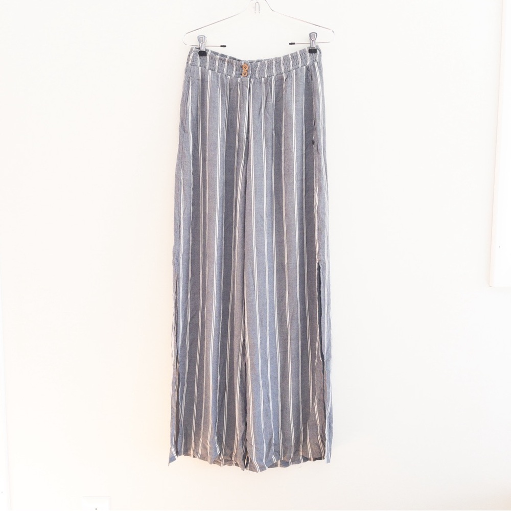 Roxy Striped High-Waist Wide Leg Pants - Blue & Gray